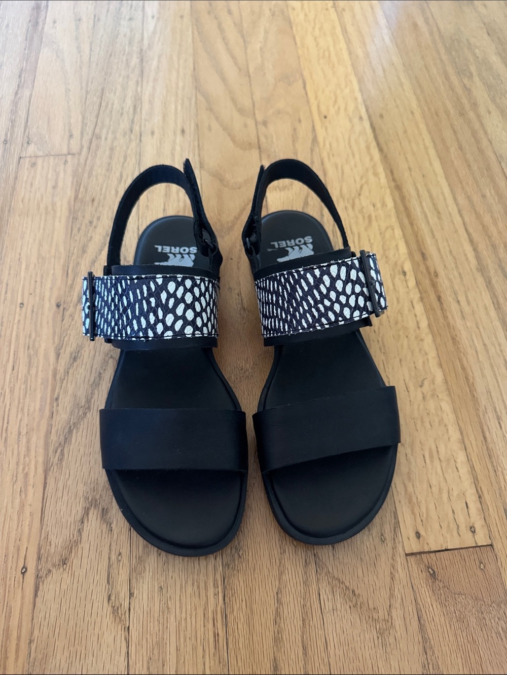 Sorel Black Sandals with Printed Ankle Strap